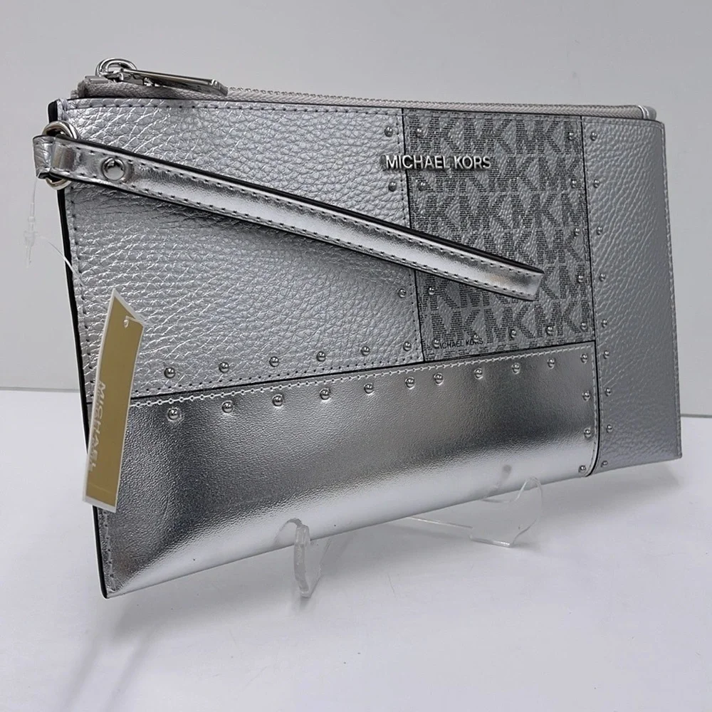 Michael Kors Jet ST Lg TZ Studded Metallic Patchwork and Signature Logo Wristlet